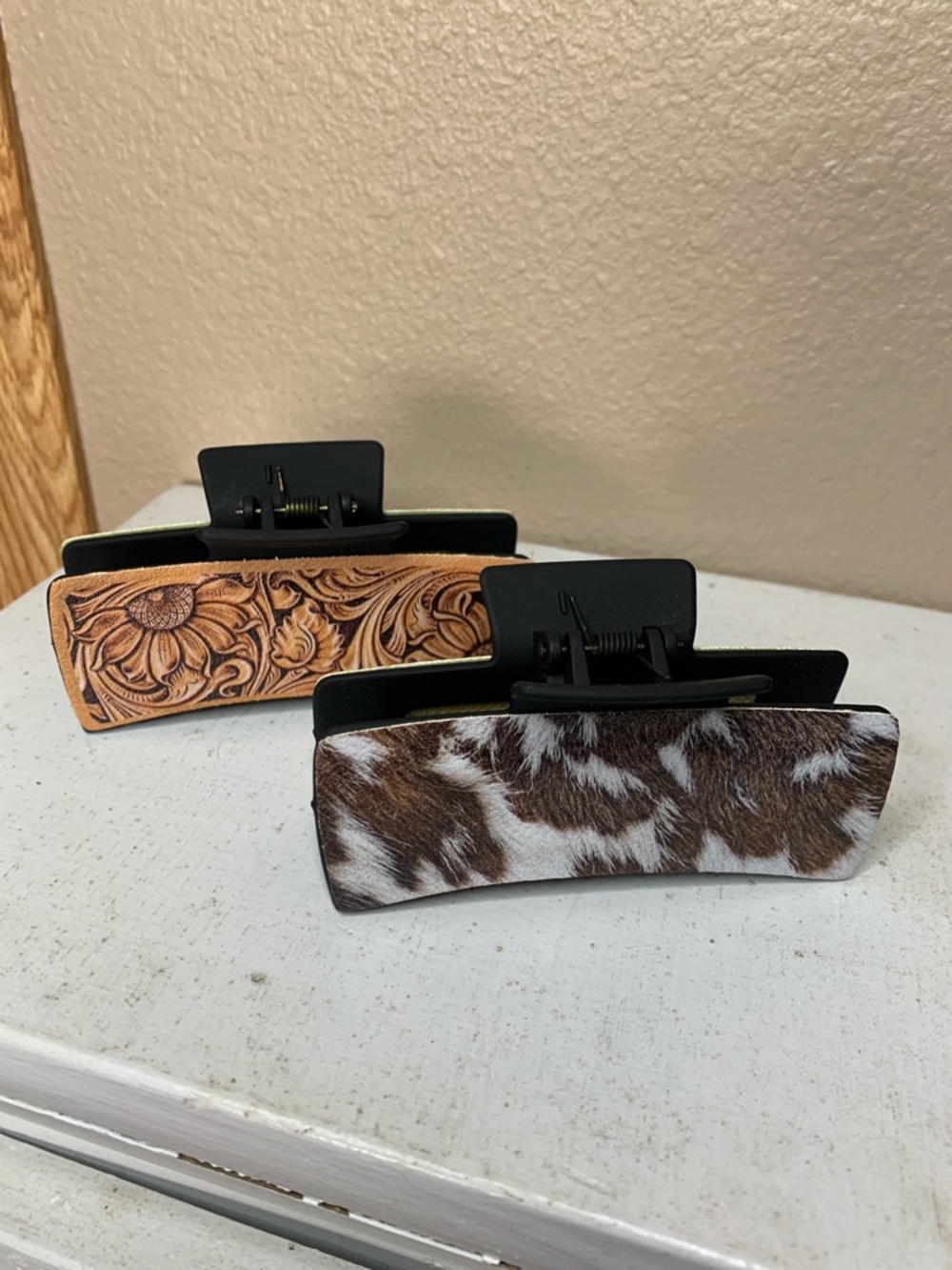 Leather Floral and Cowhide Print Rectangle Hair Claw Clips - Brown & Tan